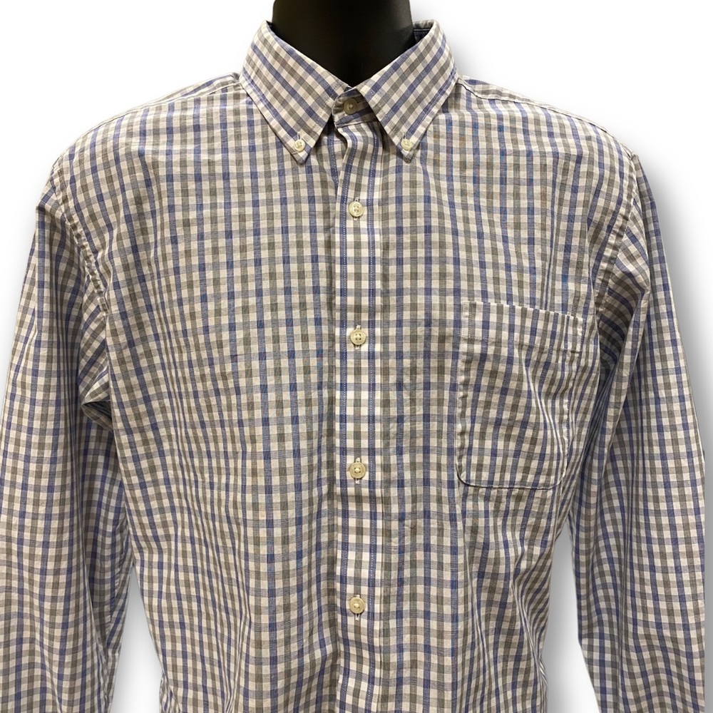 LANDS’END 16 Neck 32 Sleeve Checkered Blue/Grey Lung sleeved Button-down Shirt